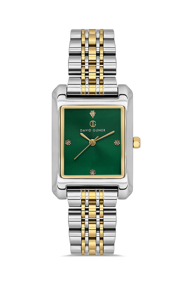 David Guner 8729LA-D10 women's watch with green dial, two-tone case and stainless steel bracelet – front view