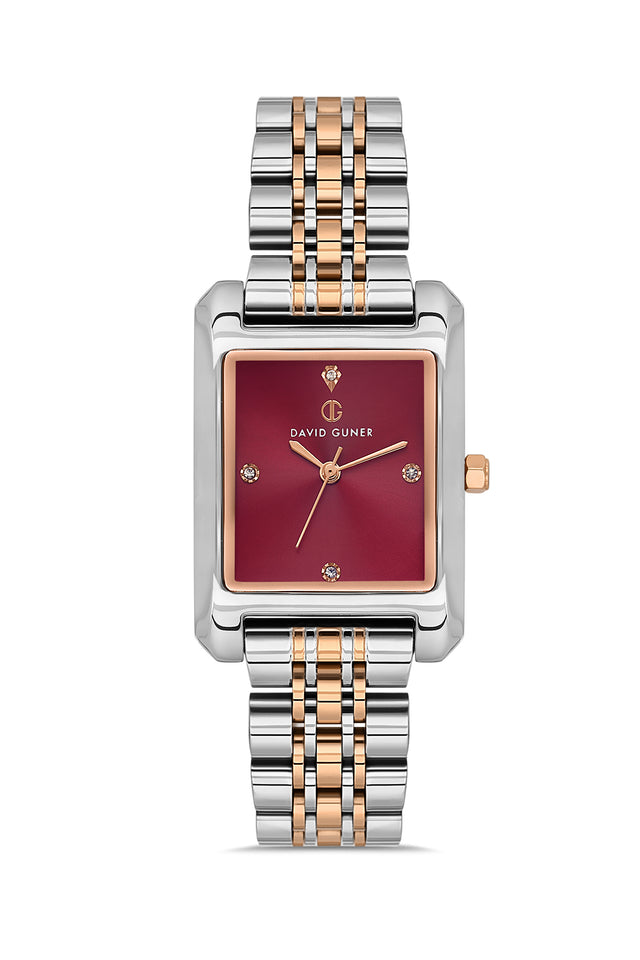 David Guner 8729LA-E8 women's watch with burgundy dial, two-tone rose gold case and stainless steel bracelet – front view