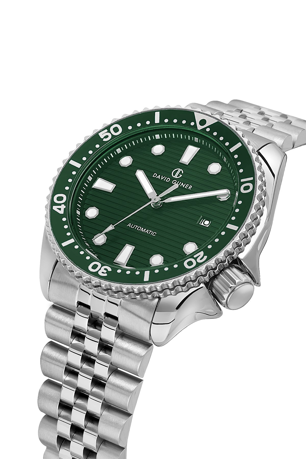 David Guner 8732GA-A10 men's automatic watch with green dial, silver-tone case and stainless steel bracelet – angled view
