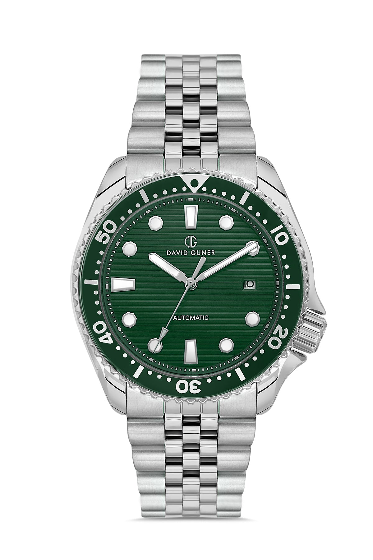 David Guner 8732GA-A10 men's automatic watch with green dial, silver-tone case and stainless steel bracelet – front view