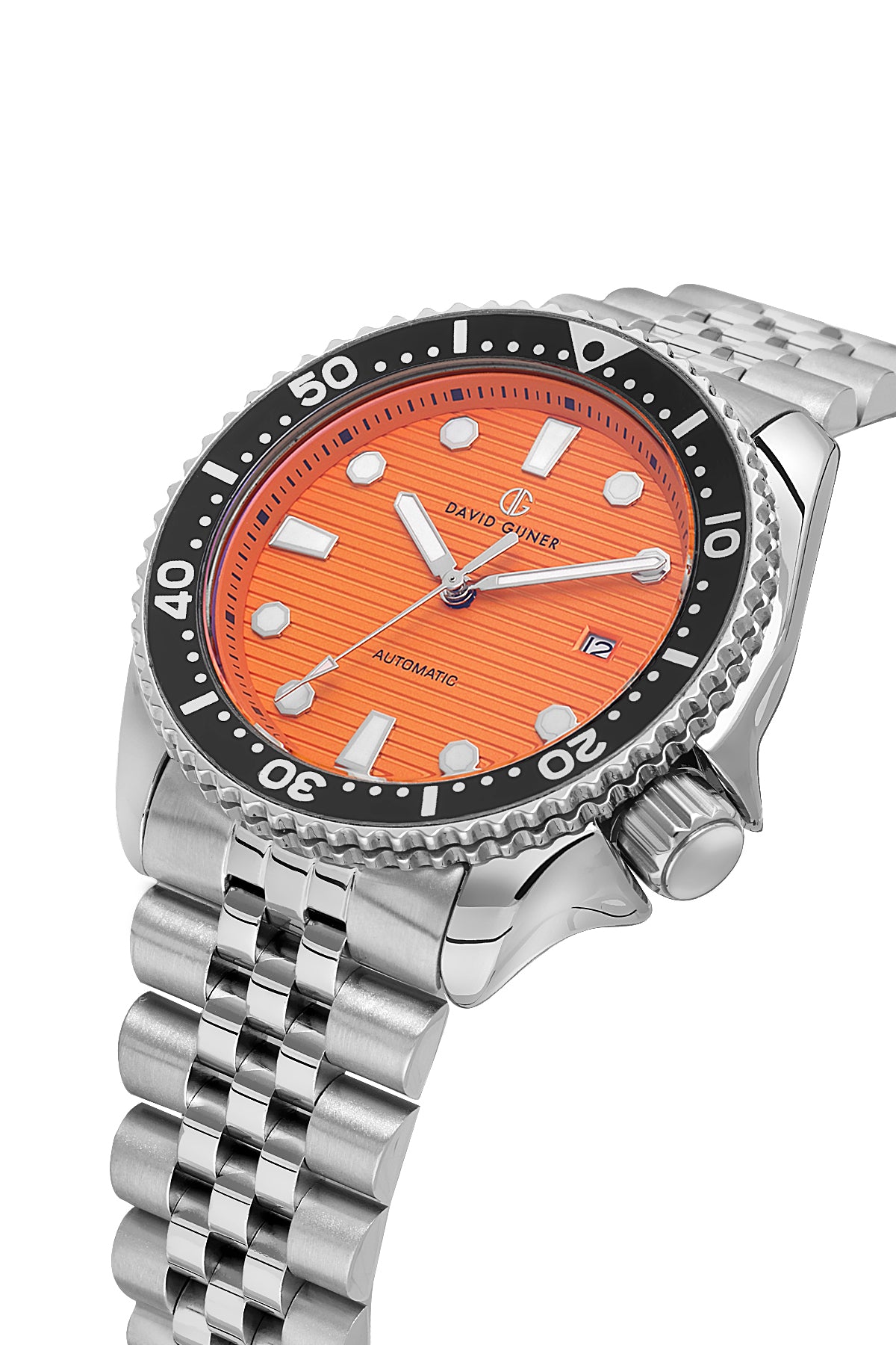 David Guner 8732GA-A11 men's automatic watch with orange dial, silver-tone case and stainless steel bracelet – angled view
