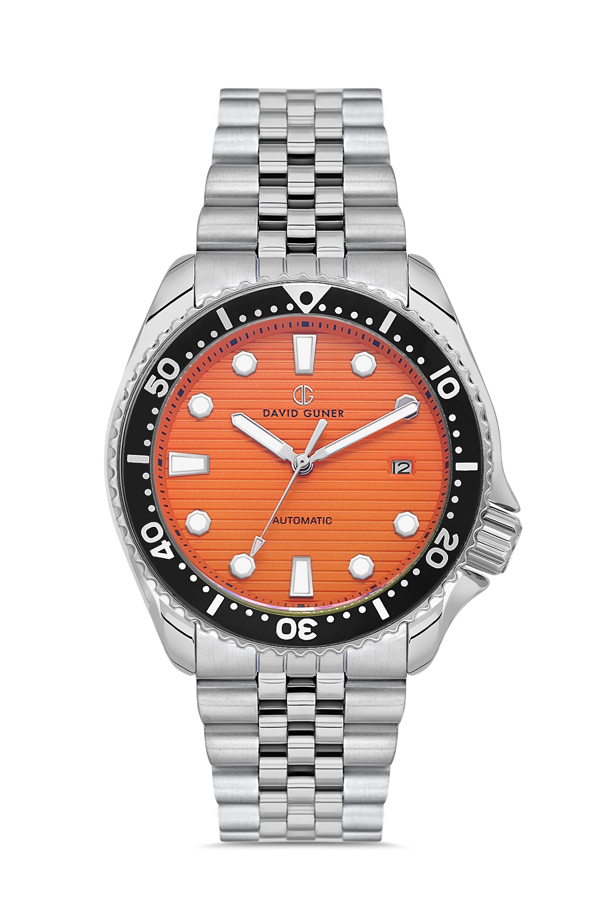 David Guner 8732GA-A11 men's automatic watch with orange dial, silver-tone case and stainless steel bracelet – front view