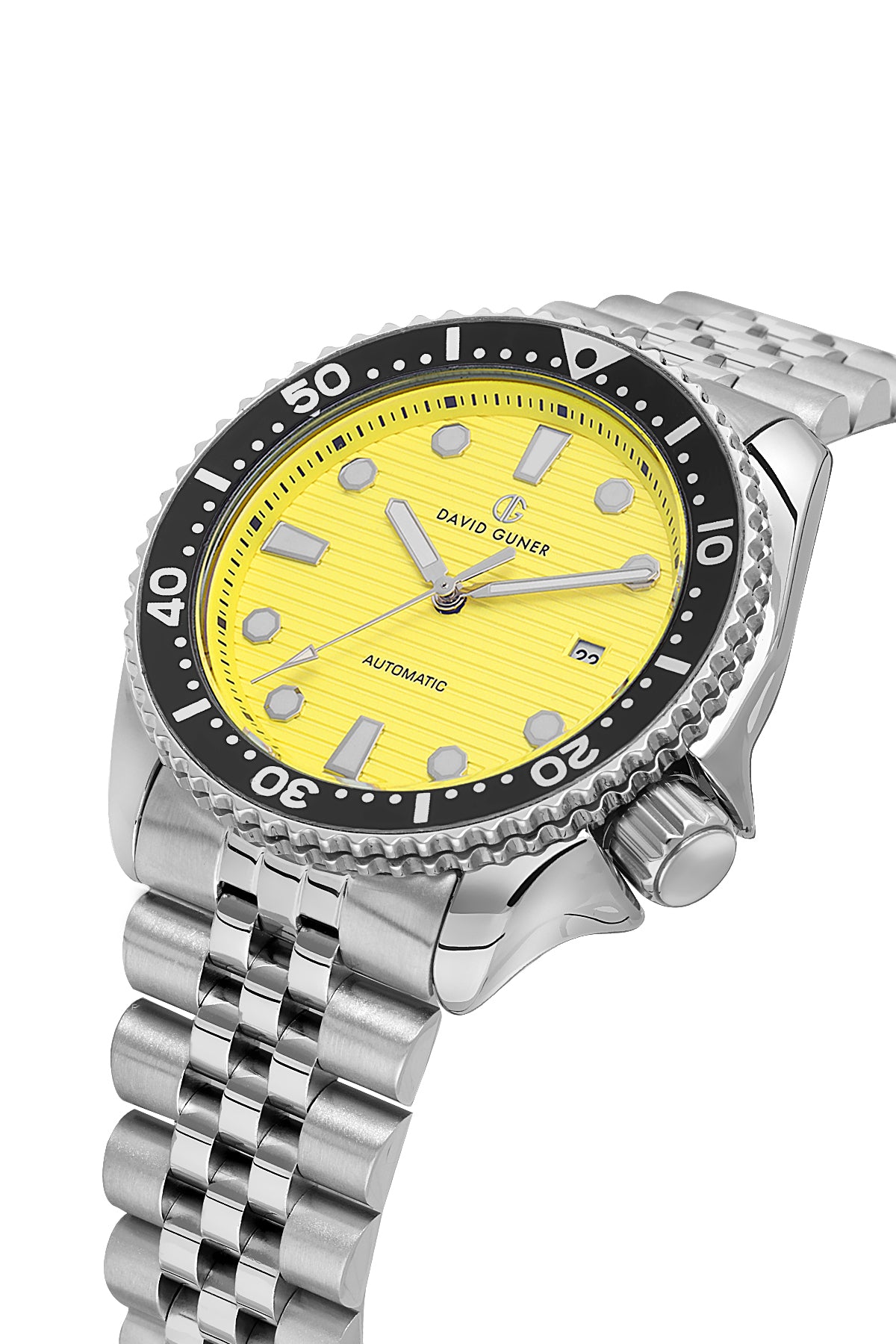 David Guner 8732GA-A12 men's automatic watch with yellow dial, silver-tone case and stainless steel bracelet – angled view