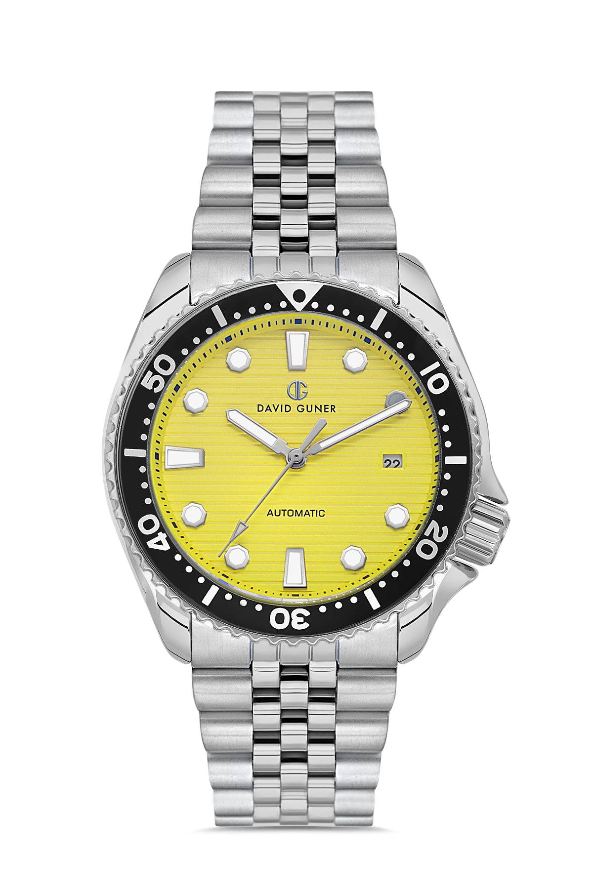 David Guner 8732GA-A12 men's automatic watch with yellow dial, silver-tone case and stainless steel bracelet – front view
