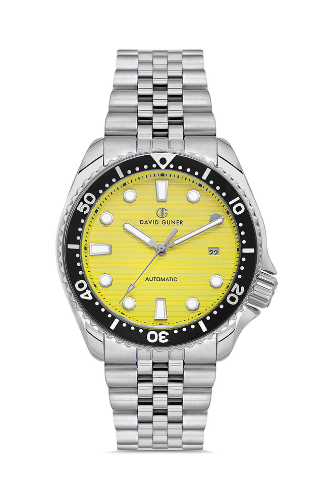 David Guner 8732GA-A12 men's automatic watch with yellow dial, silver-tone case and stainless steel bracelet – front view