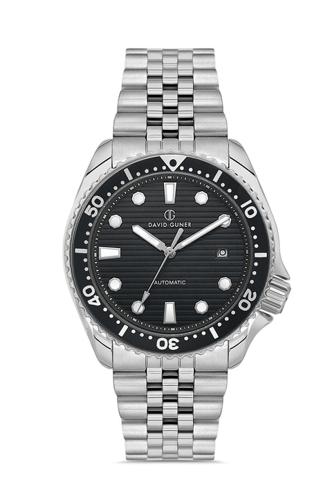 David Guner 8732GA-A2 men's automatic watch with black dial, silver-tone case and stainless steel bracelet – front view