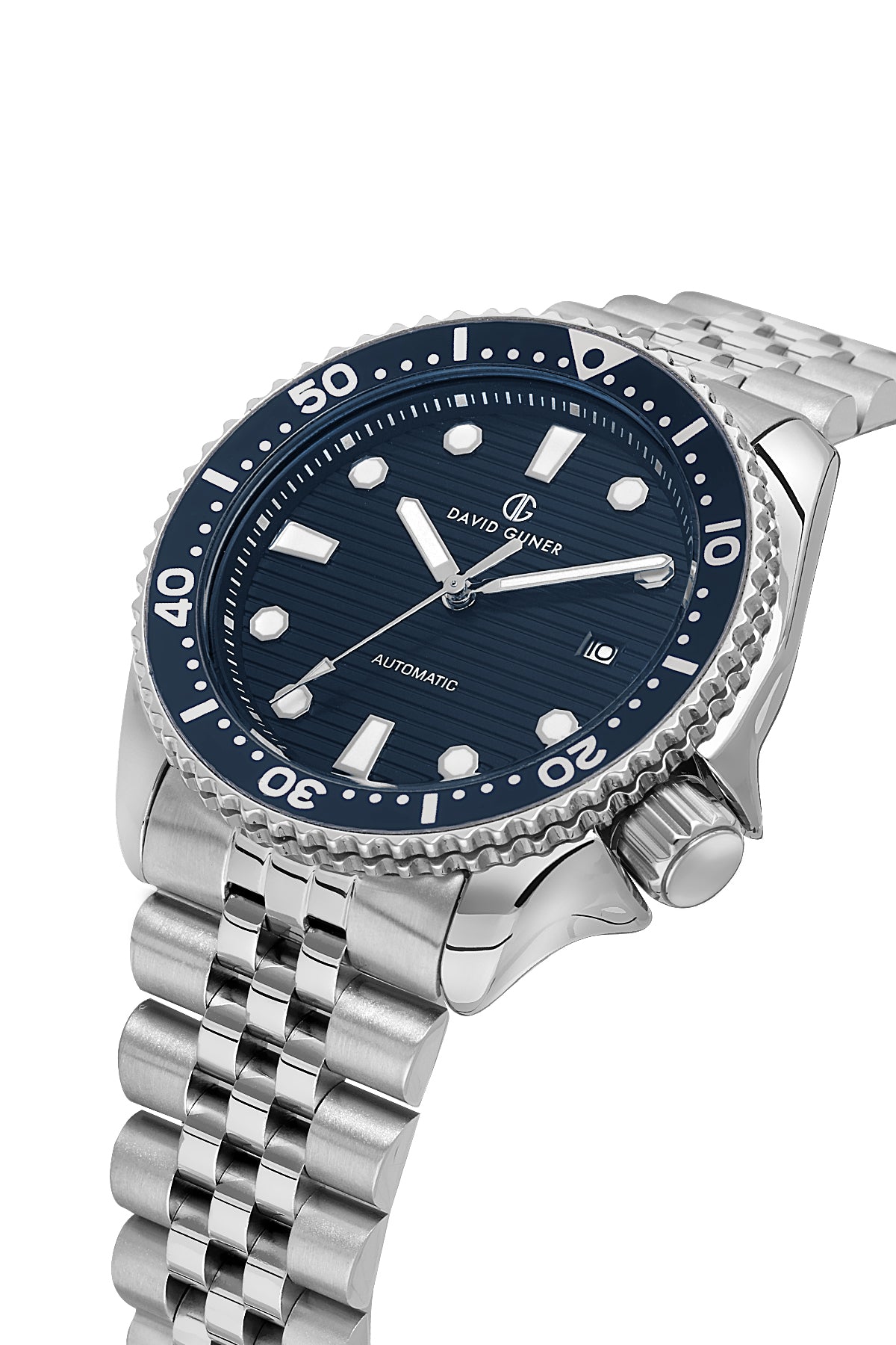 David Guner 8732GA-A3 men's automatic watch with blue dial, silver-tone case and stainless steel bracelet – angled view
