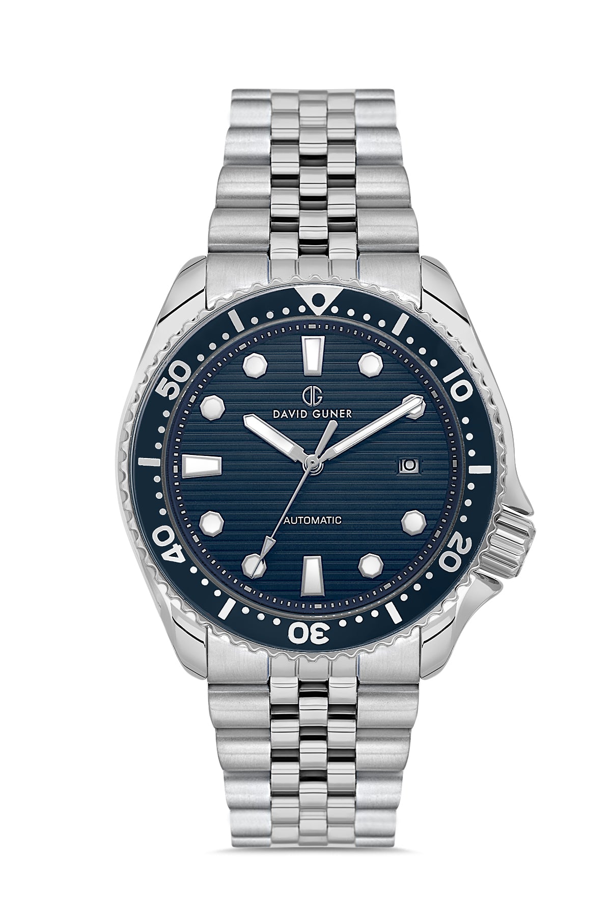 David Guner 8732GA-A3 men's automatic watch with blue dial, silver-tone case and stainless steel bracelet – front view