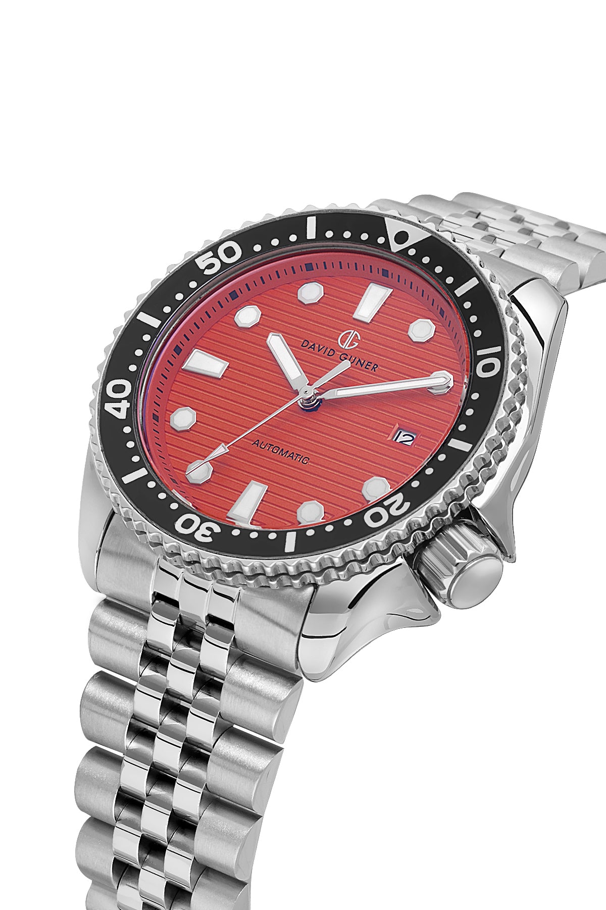 David Guner 8732GA-A8 men's automatic watch with red dial, silver-tone case and stainless steel bracelet – angled view