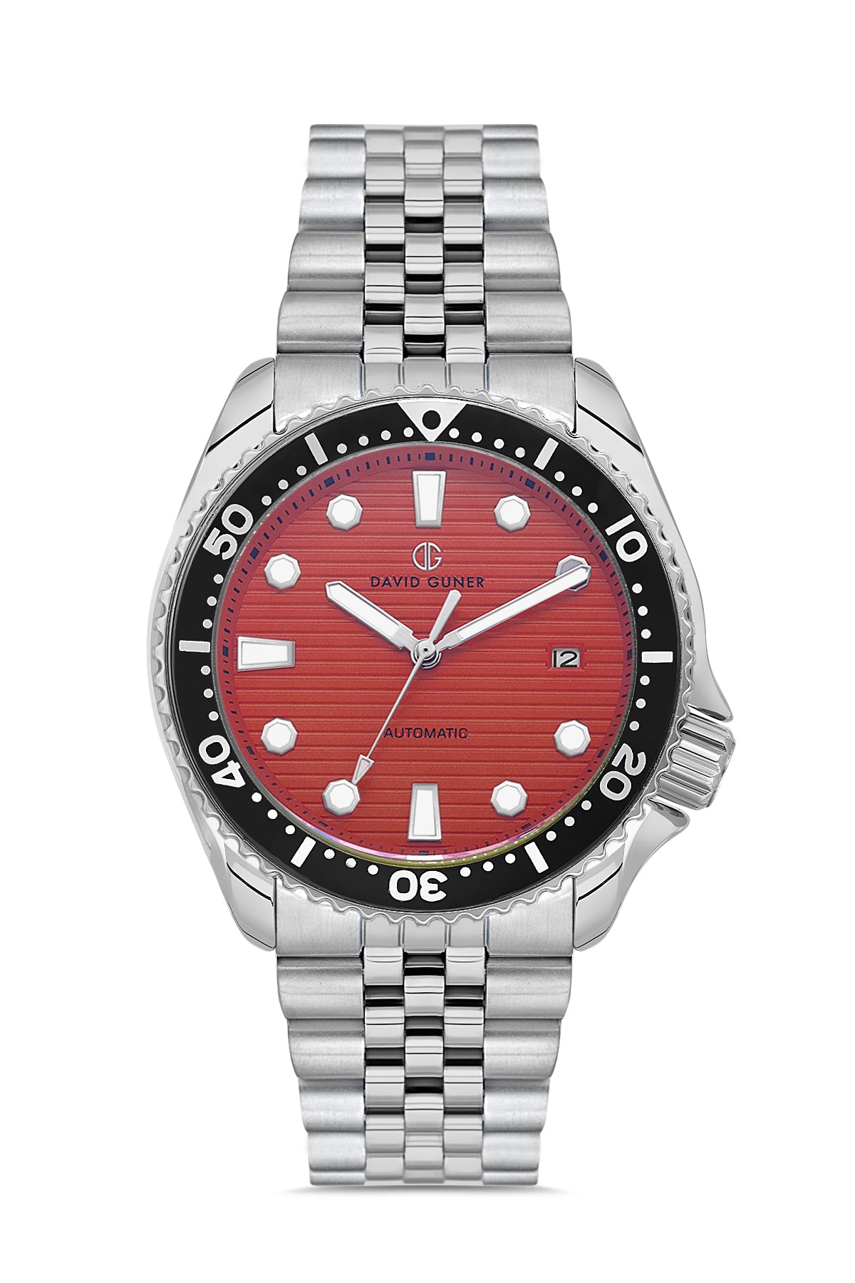 David Guner 8732GA-A8 men's automatic watch with red dial, silver-tone case and stainless steel bracelet – front view