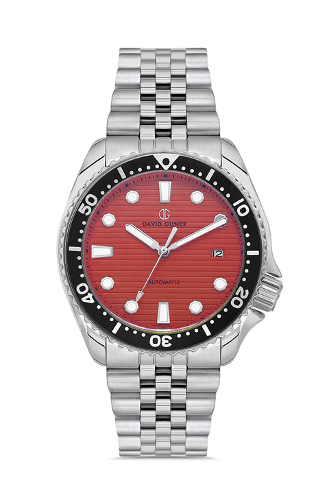 David Guner 8732GA-A8 men's automatic watch with red dial, silver-tone case and stainless steel bracelet – front view