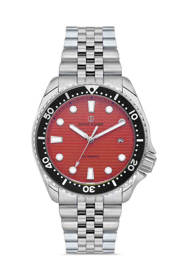 David Guner 8732GA-A8 men's automatic watch with red dial, silver-tone case and stainless steel bracelet – front view