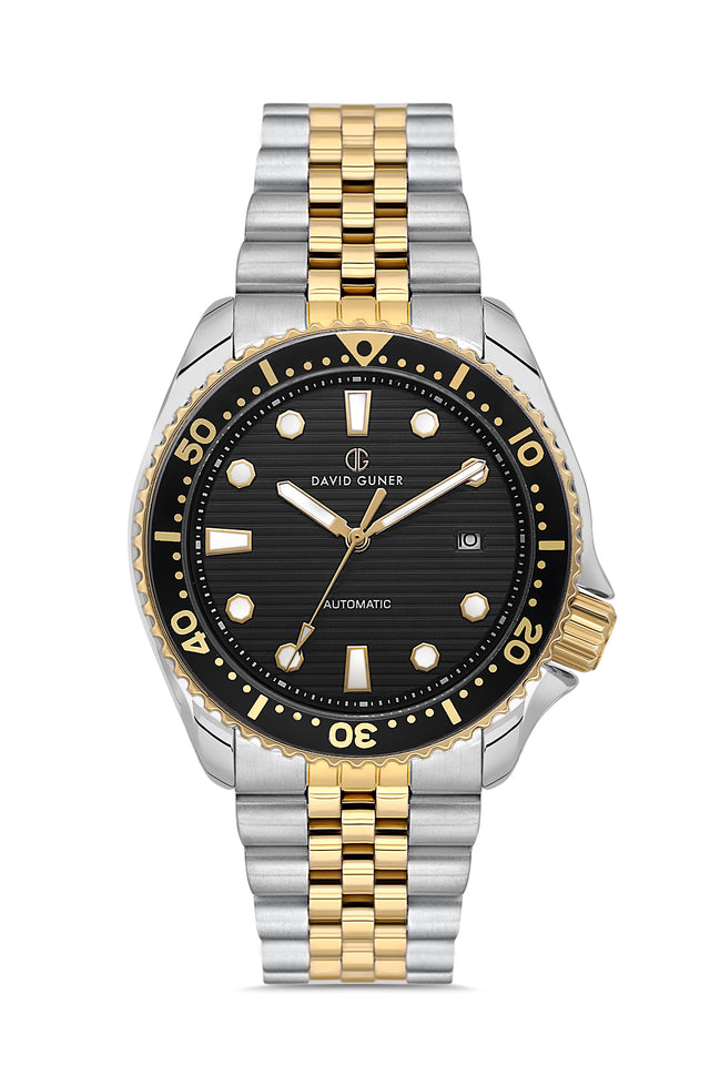 David Guner 8732GA-D2 men's automatic watch with black dial, two-tone case and stainless steel bracelet – front view