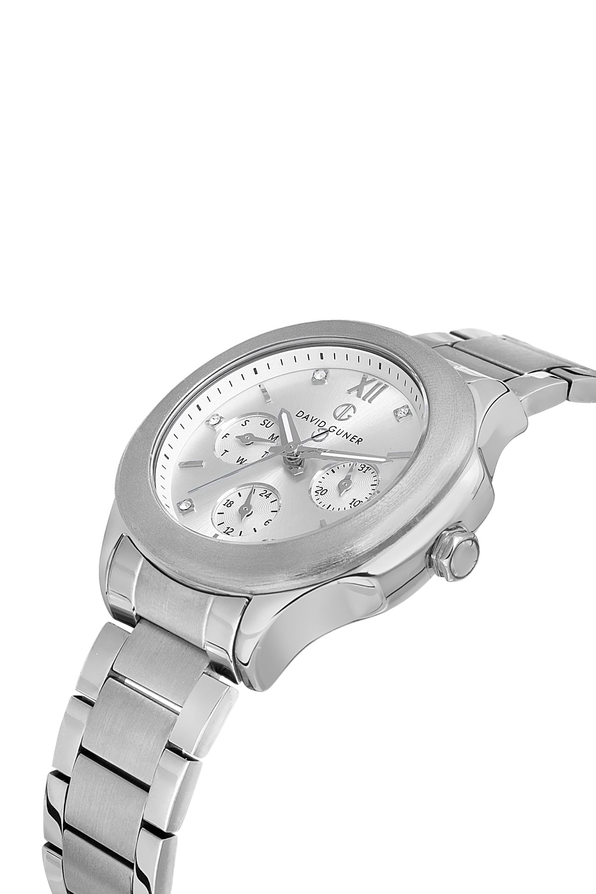 David Guner 8741LA-A1 women's watch with silver dial, silver-tone case and stainless steel bracelet – angled view