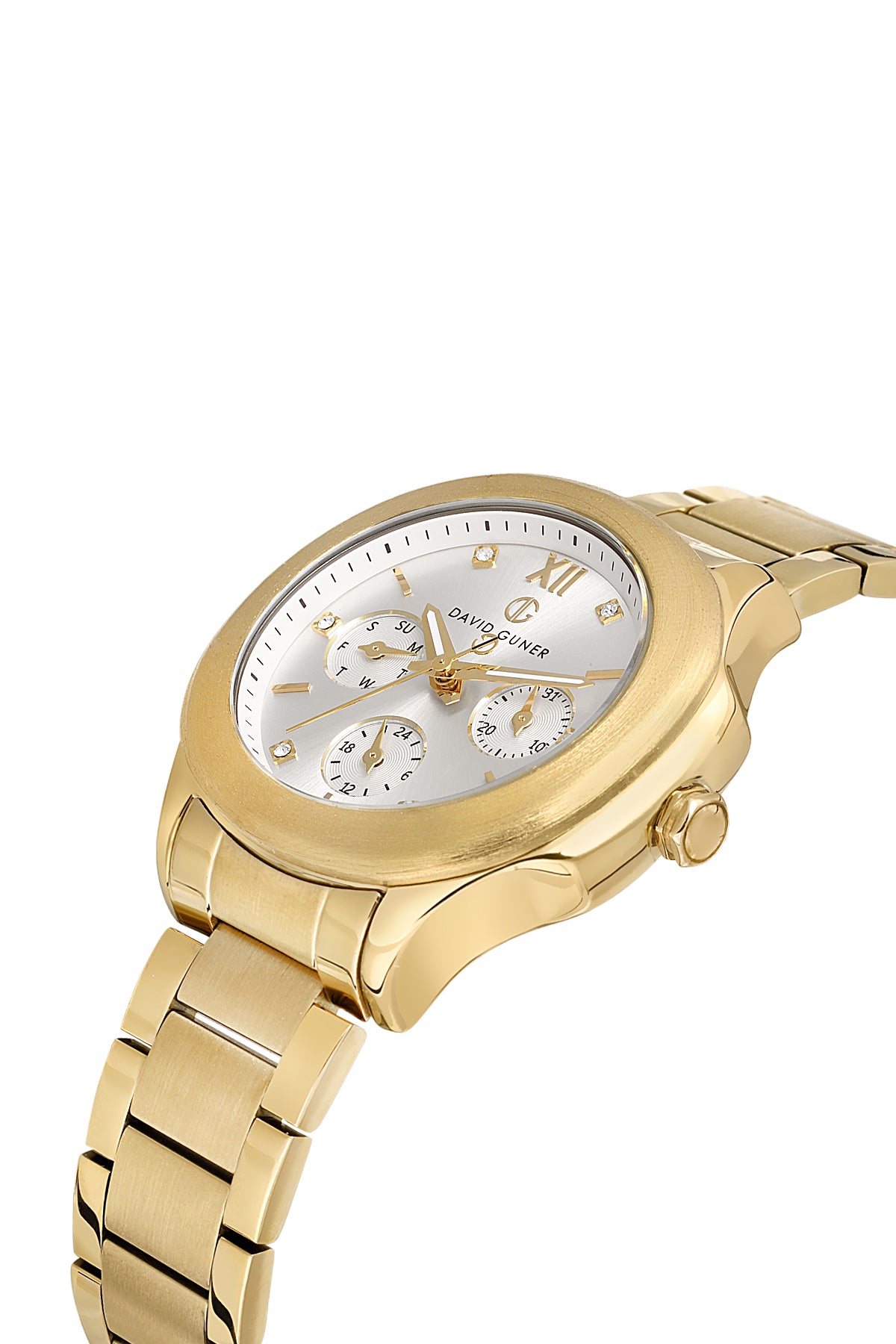 David Guner 8741LA-B1 women's watch with silver dial, gold-tone case and stainless steel bracelet – angled view
