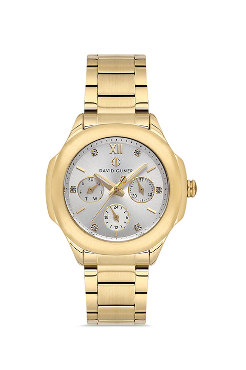 David Guner 8741LA-B1 women's watch with silver dial, gold-tone case and stainless steel bracelet – front view