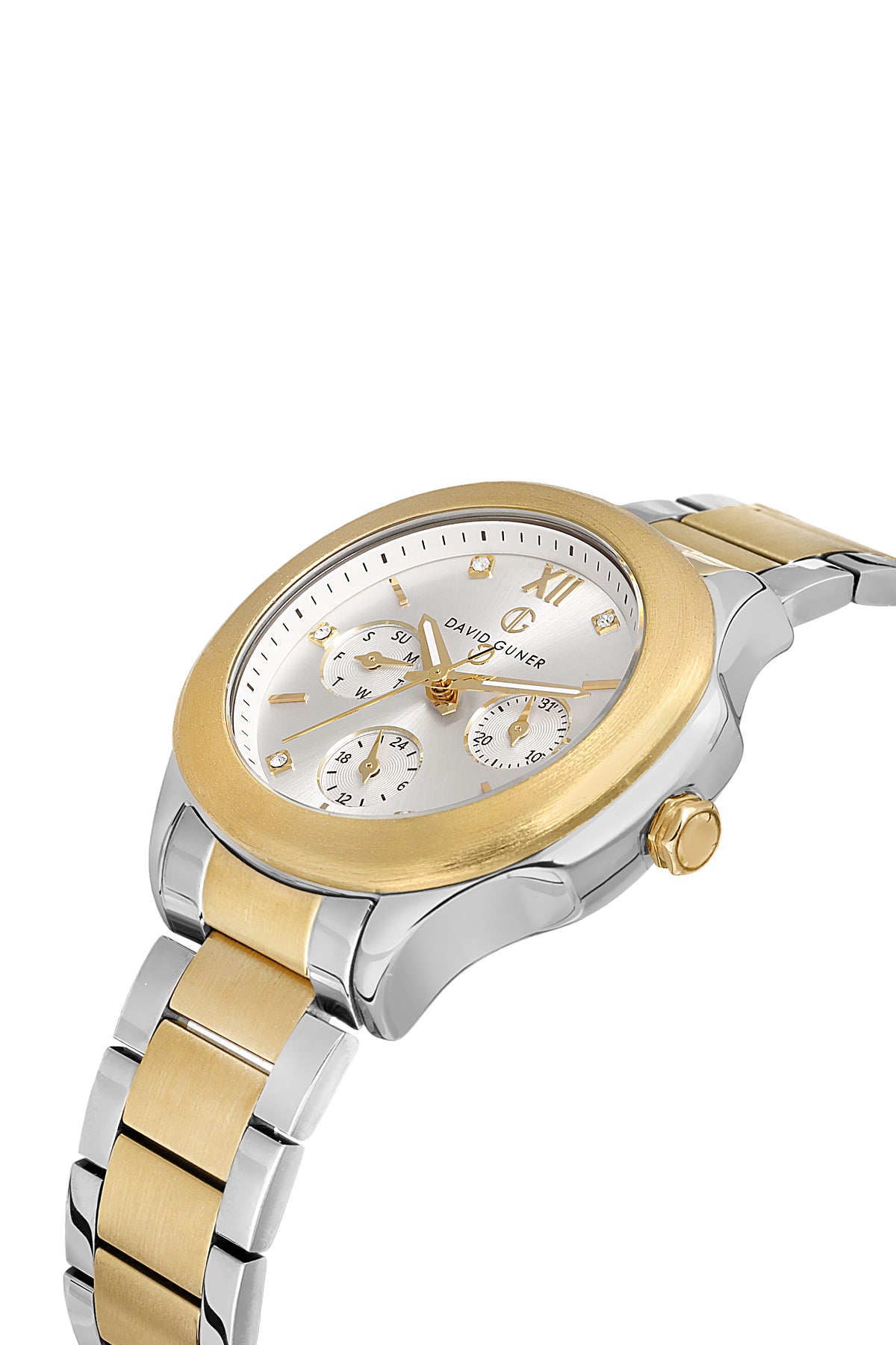 David Guner 8741LA-D1 women's watch with silver dial, two-tone case and stainless steel bracelet – angled view