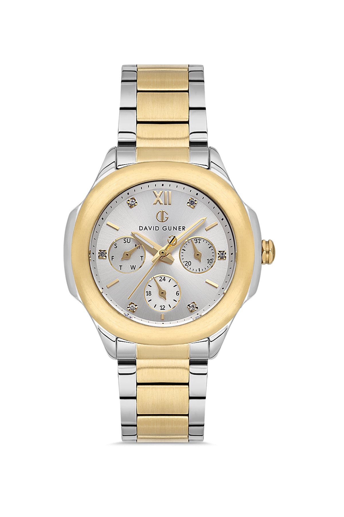 David Guner 8741LA-D1 women's watch with silver dial, two-tone case and stainless steel bracelet – front view