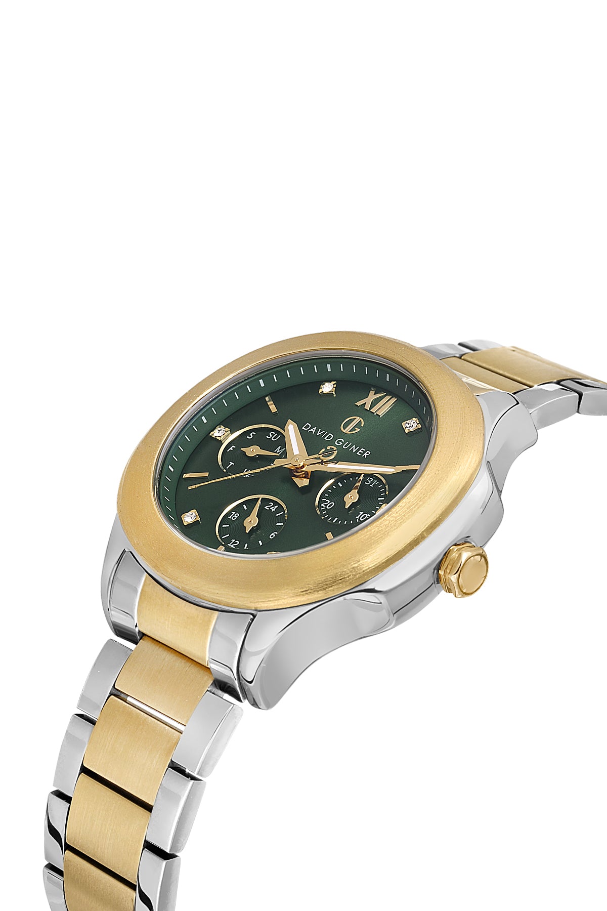 David Guner 8741LA-D10 women's watch with green dial, two-tone case and stainless steel bracelet – angled view