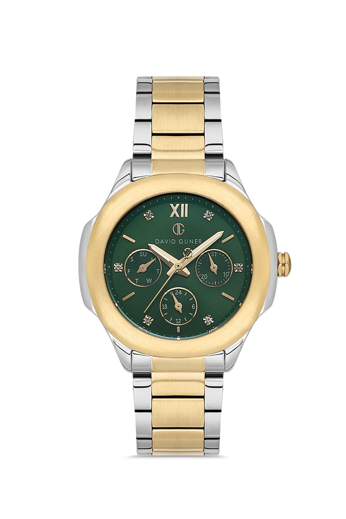 David Guner 8741LA-D10 women's watch with green dial, two-tone case and stainless steel bracelet – front view