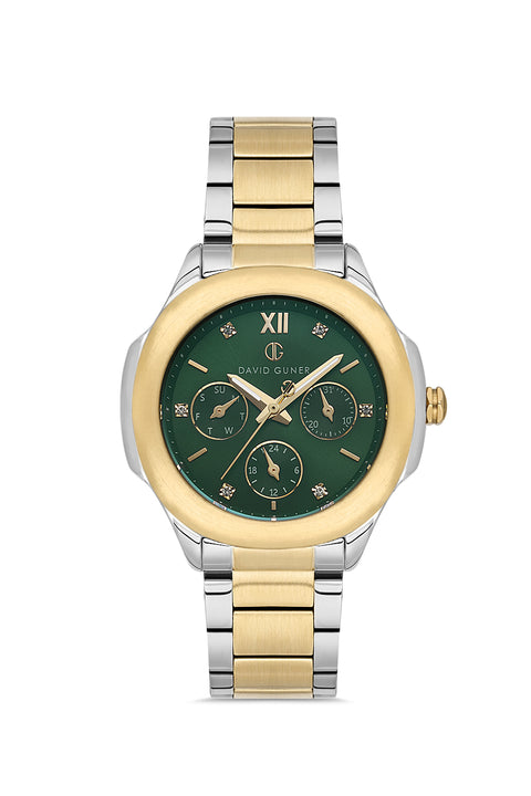 David Guner 8741LA-D10 women's watch with green dial, two-tone case and stainless steel bracelet – front view