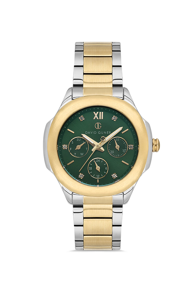 David Guner 8741LA-D10 women's watch with green dial, two-tone case and stainless steel bracelet – front view