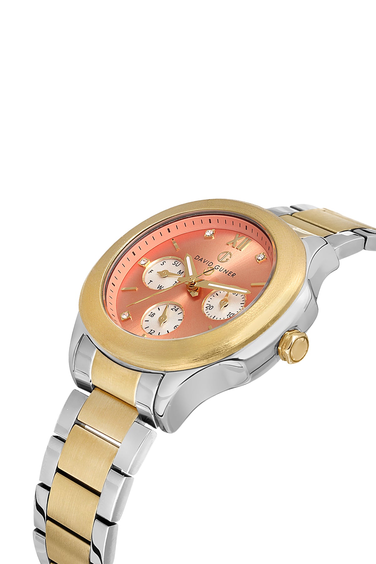 David Guner 8741LA-D16 women's watch with salmon dial, two-tone case and stainless steel bracelet – angled view