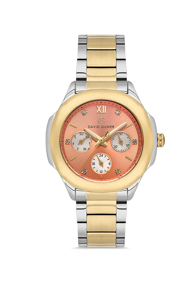 David Guner 8741LA-D16 women's watch with salmon dial, two-tone case and stainless steel bracelet – front view
