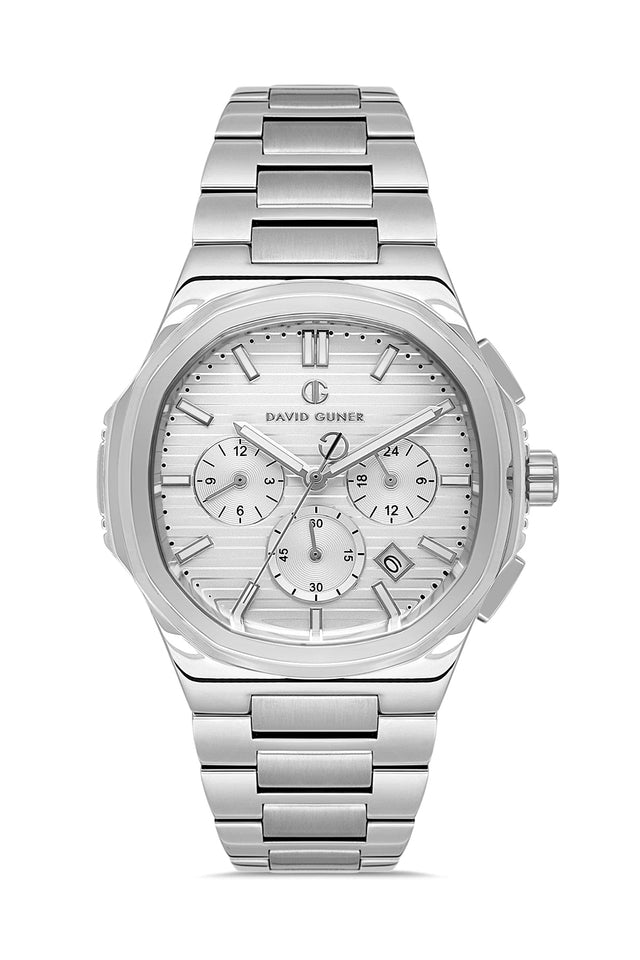 David Guner 8756GA-A1 men's watch with silver dial, silver-tone case and stainless steel bracelet – front view