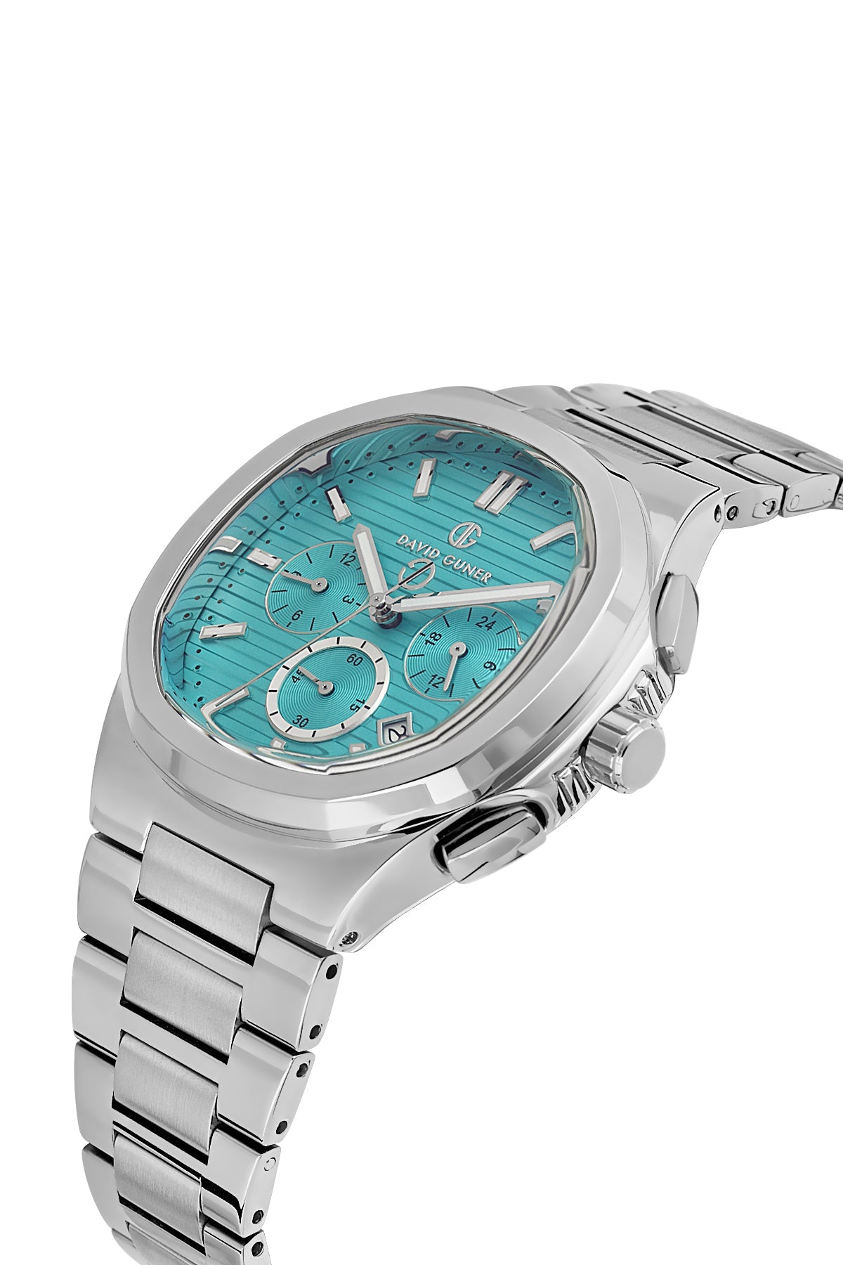 David Guner 8756GA-A15 men's watch with turquoise dial, silver-tone case and stainless steel bracelet – angled view
