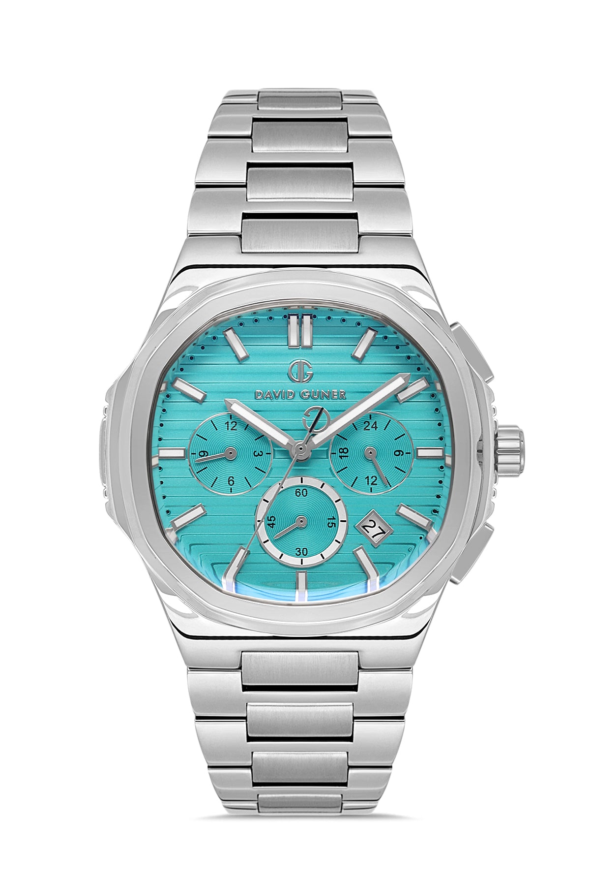 David Guner 8756GA-A15 men's watch with turquoise dial, silver-tone case and stainless steel bracelet – front view