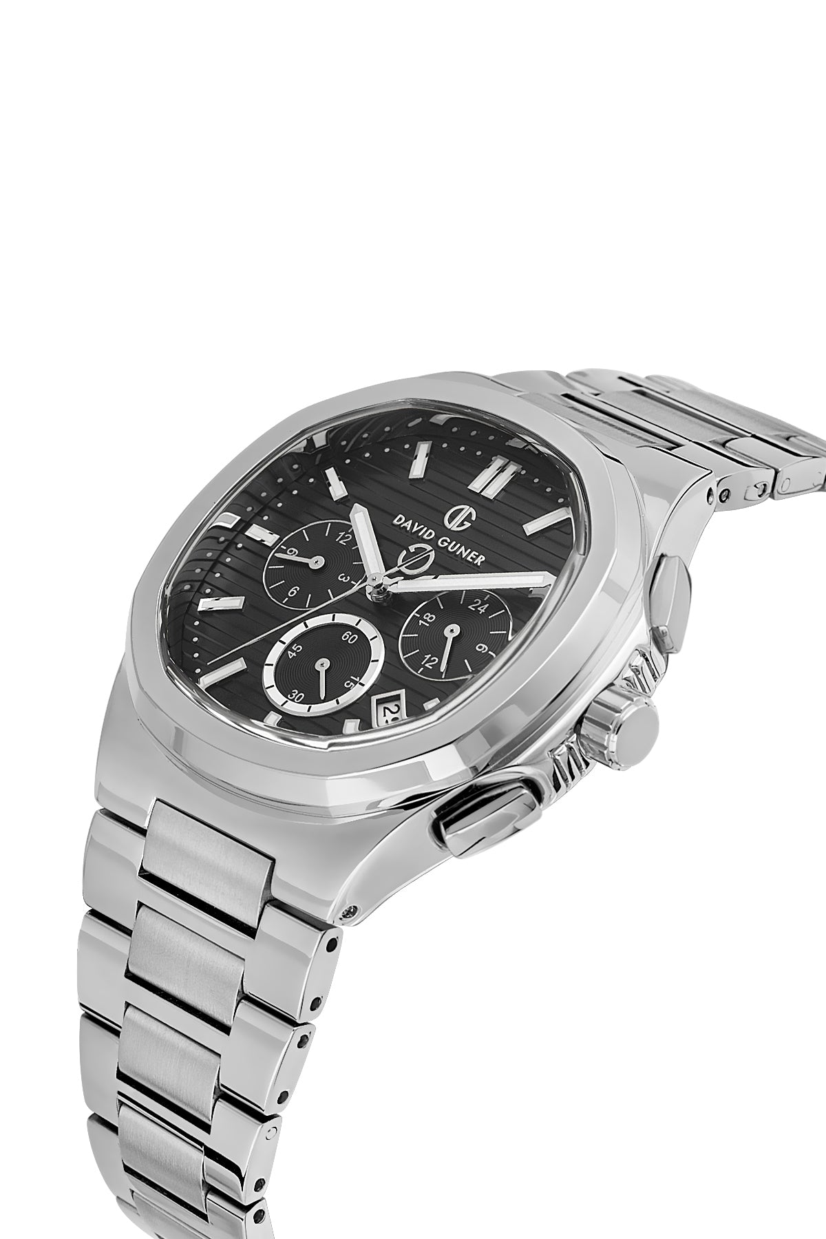 David Guner 8756GA-A2 men's watch with black dial, silver-tone case and stainless steel bracelet – angled view