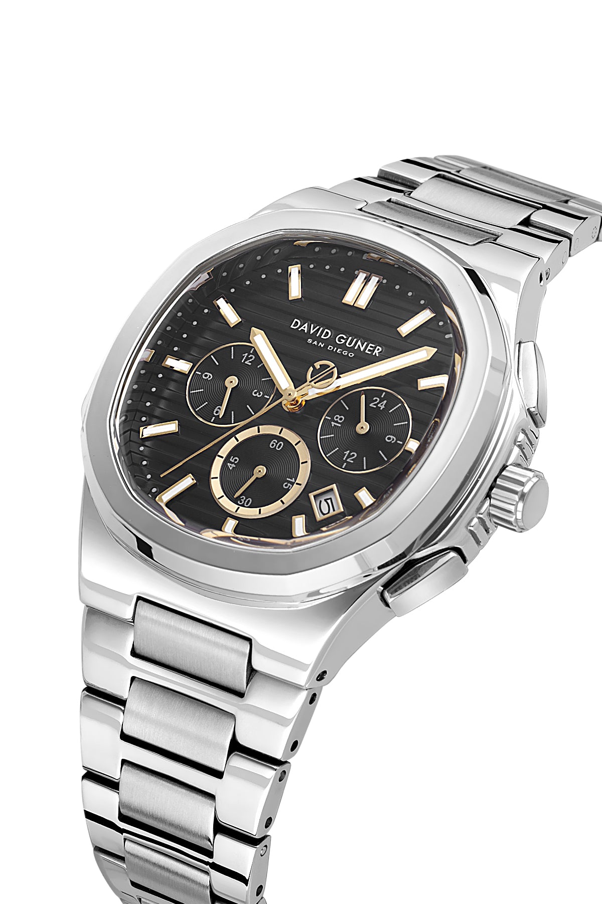 David Guner 8756GA-A2A men's watch with black dial, silver-tone case and stainless steel bracelet – angled view