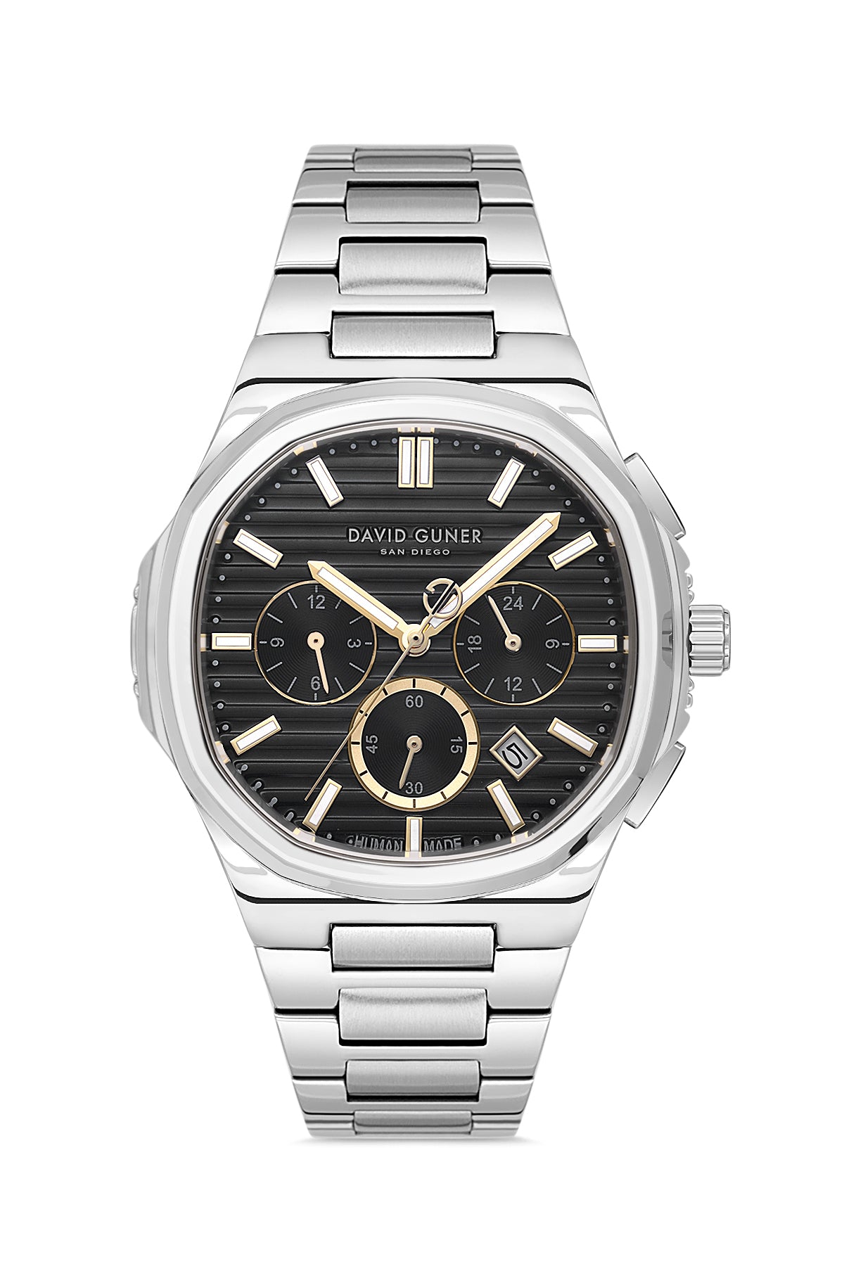 David Guner 8756GA-A2A men's watch with black dial, silver-tone case and stainless steel bracelet – front view