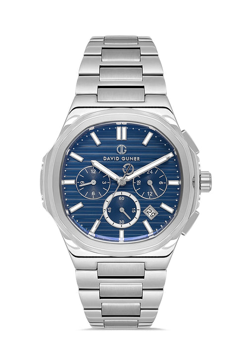 David Guner 8756GA-A3 men's watch with blue dial, silver-tone case and stainless steel bracelet – front view