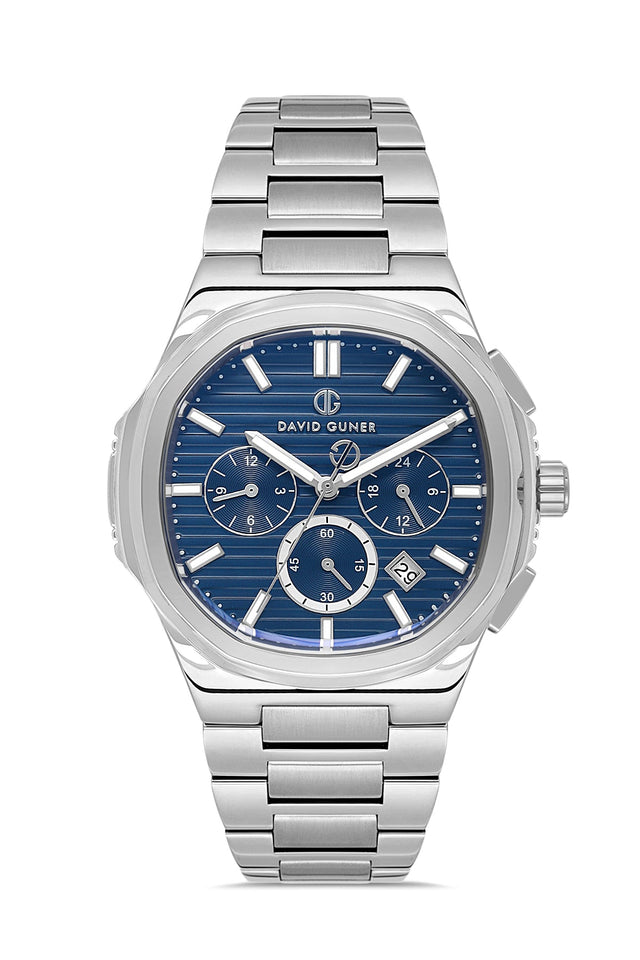 David Guner 8756GA-A3 men's watch with blue dial, silver-tone case and stainless steel bracelet – front view