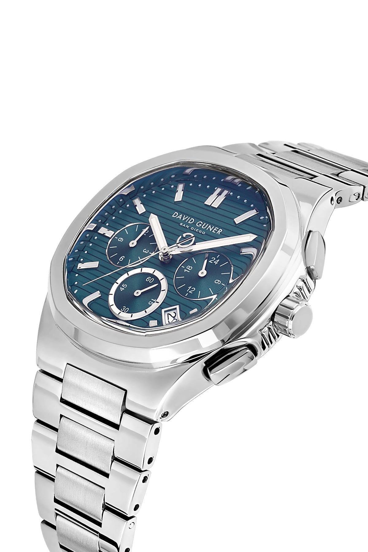David Guner 8756GA-A3A men's watch with teal dial, silver-tone case and stainless steel bracelet – angled view