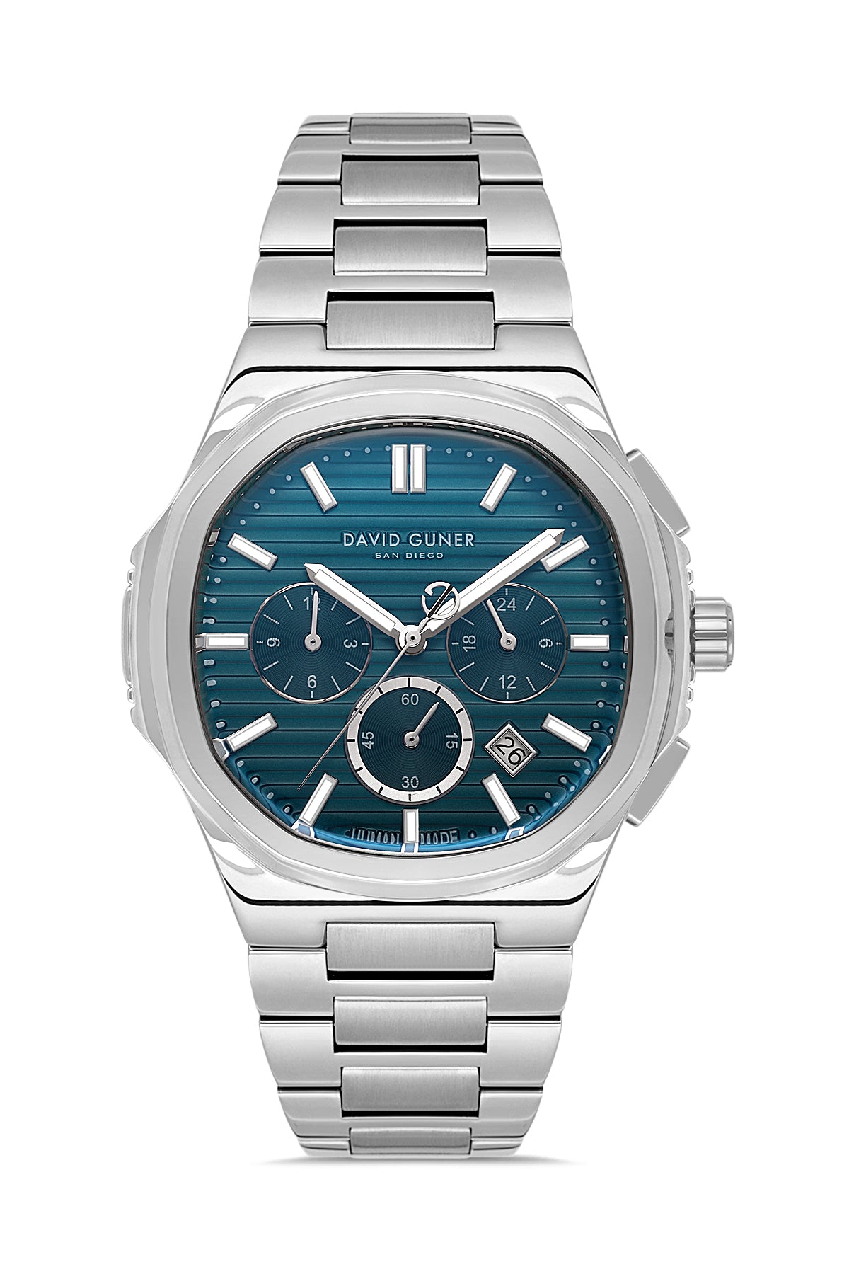 David Guner 8756GA-A3A men's watch with teal dial, silver-tone case and stainless steel bracelet – front view