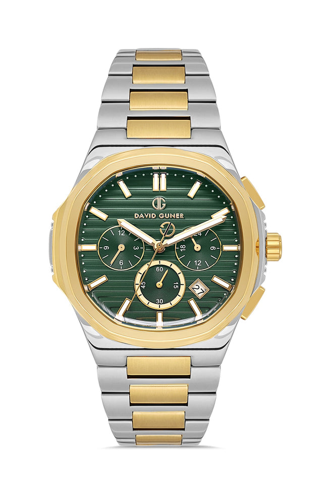 David Guner 8756GA-D10 men's watch with green dial, two-tone case and stainless steel bracelet – front view