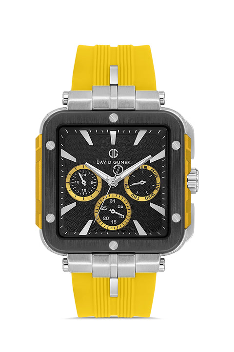 David Guner 8825GD-AE2 men's watch with black dial, black ion-plated case and yellow silicone strap – front view