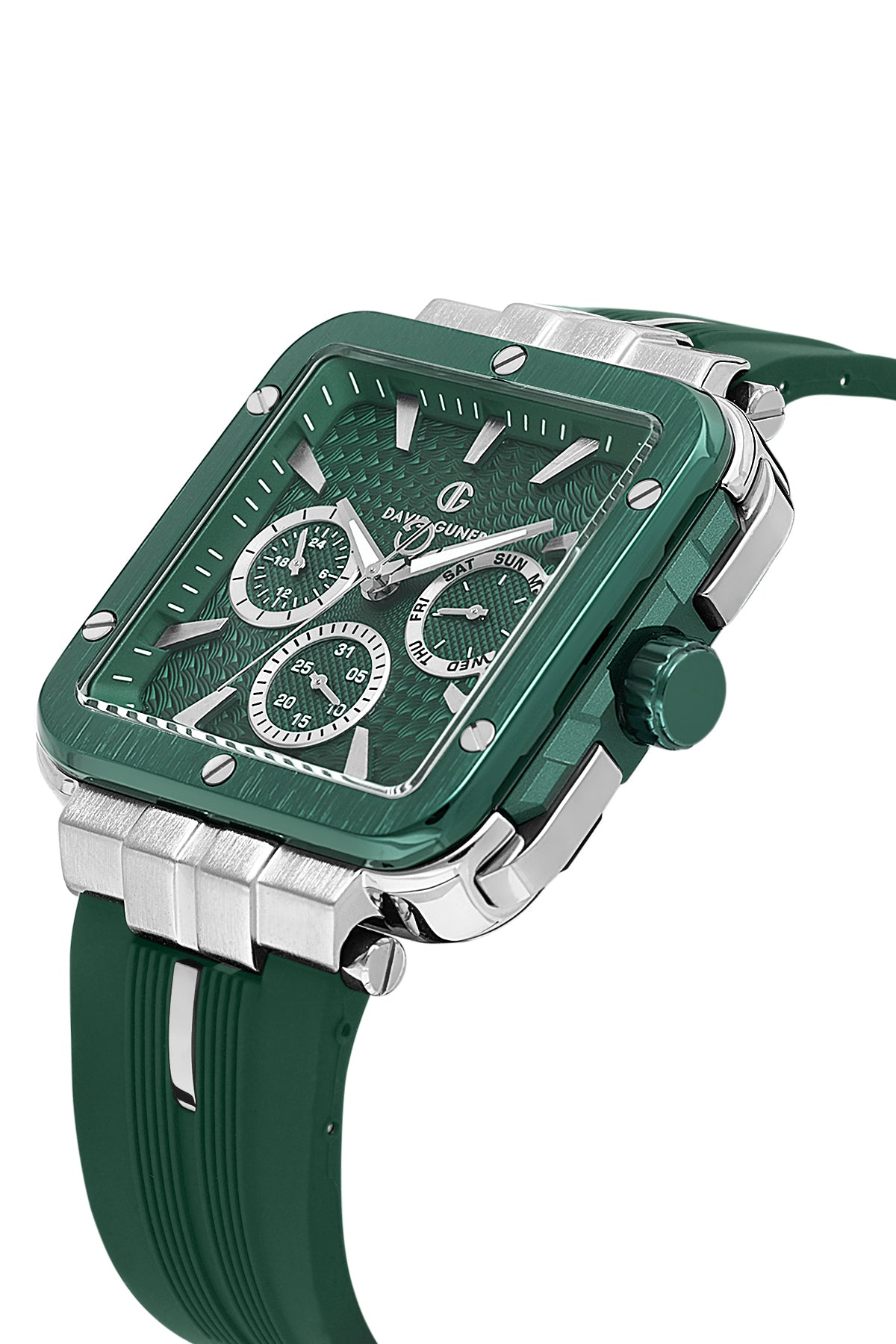 David Guner 8825GD-J10 men's watch with green dial, green ion-plated case and green silicone strap – angled view