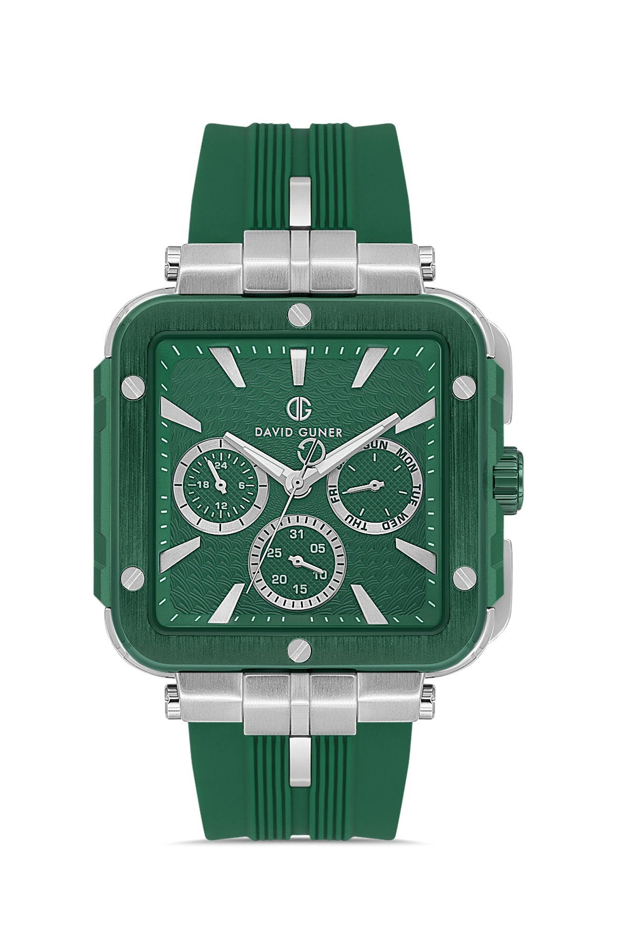 David Guner 8825GD-J10 men's watch with green dial, green ion-plated case and green silicone strap – front view