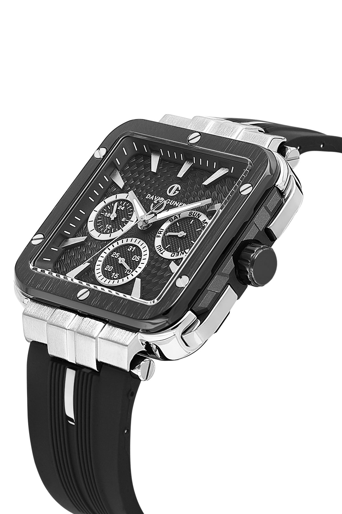 David Guner 8825GD-J2 men's watch with black dial, black ion-plated case and black silicone strap – angled view