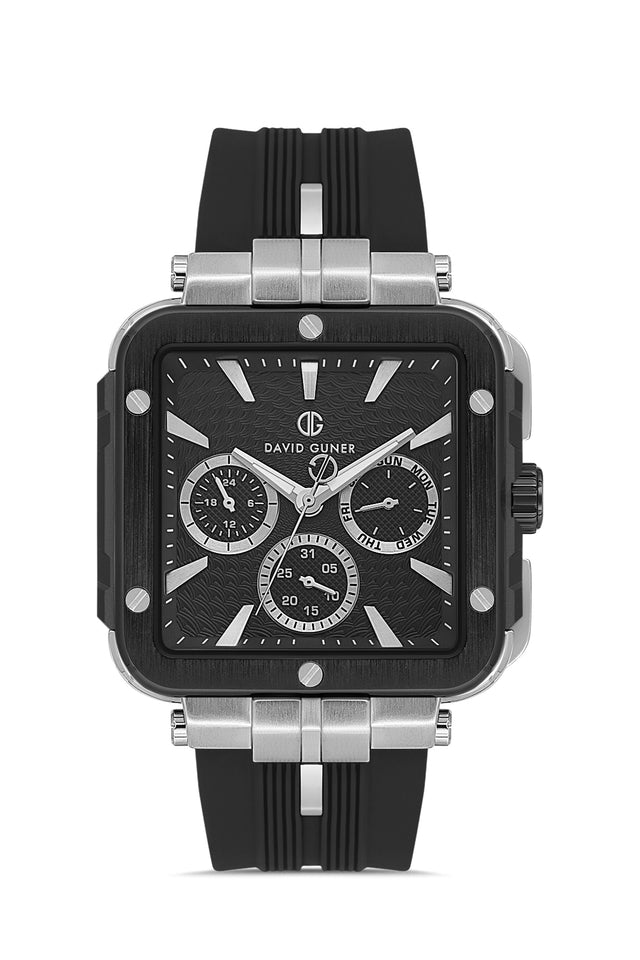 David Guner 8825GD-J2 men's watch with black dial, black ion-plated case and black silicone strap – front view