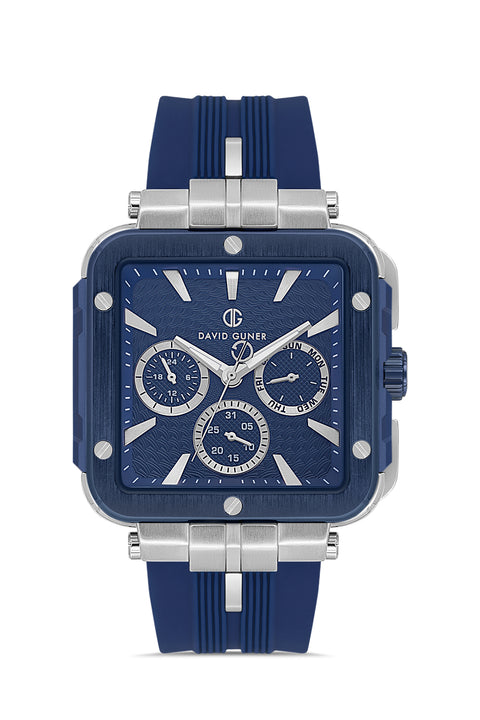 David Guner 8825GD-L3 men's watch with blue dial, blue ion-plated case and blue silicone strap – front view