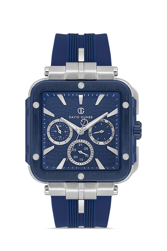 David Guner 8825GD-L3 men's watch with blue dial, blue ion-plated case and blue silicone strap – front view