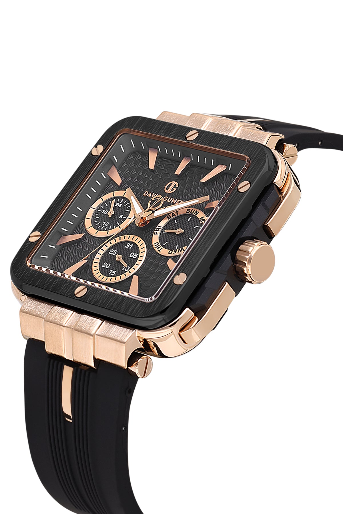 David Guner 8825GD-R2 men's watch with black dial, rose gold-tone & black case and black silicone strap – angled view