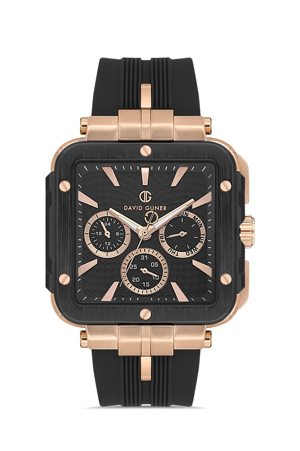 David Guner 8825GD-R2 men's watch with black dial, rose gold-tone & black case and black silicone strap – front view