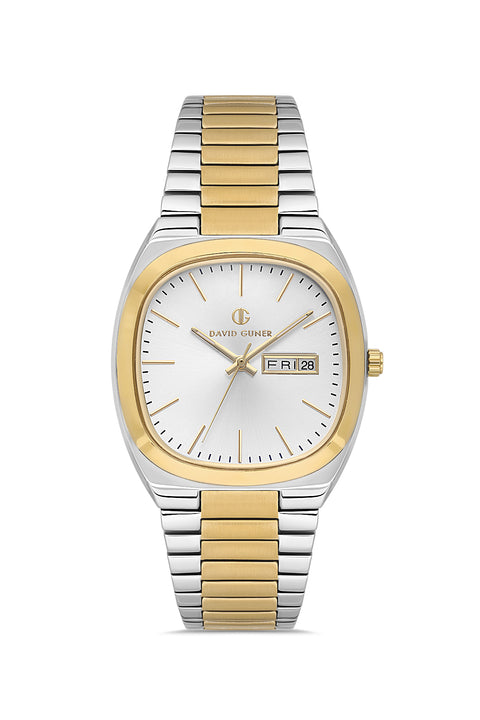 David Guner 8834GA-D1 men's watch with silver dial, two-tone case and stainless steel bracelet – front view