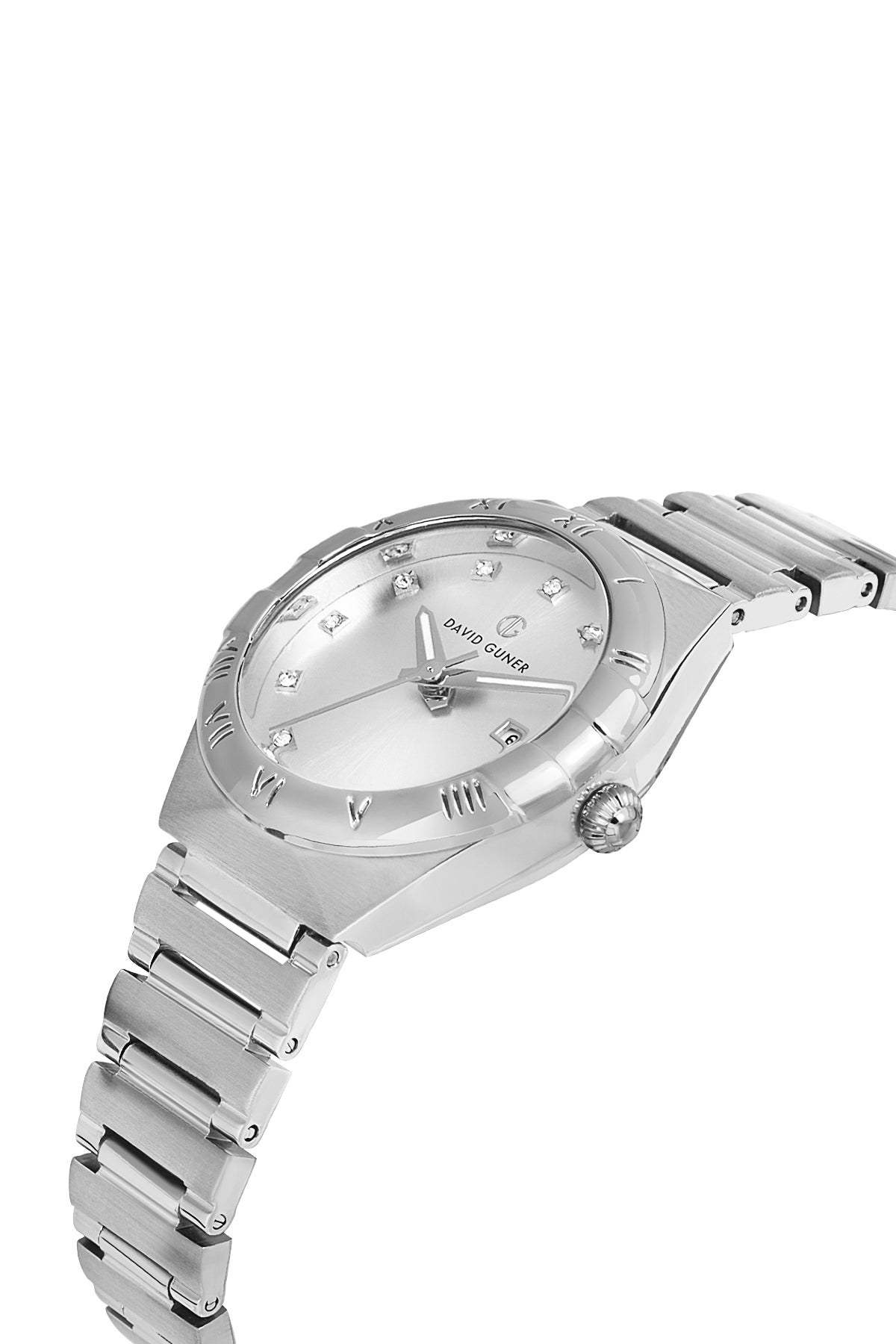 David Guner 8837LA-A1 women's watch with silver dial, silver-tone case and stainless steel bracelet – angled view